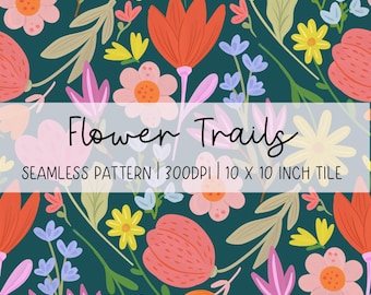 Hand-Drawn Flower Trails Seamless Pattern: Floral Digital Paper (300dpi)