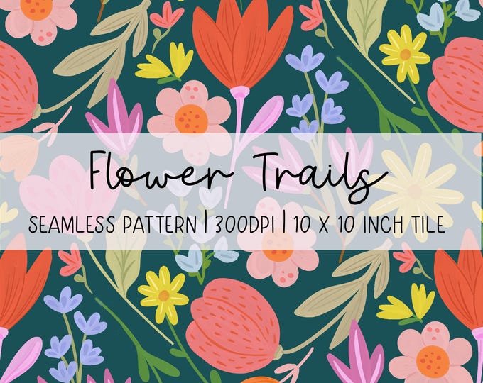 Hand-Drawn Flower Trails Seamless Pattern: Floral Digital Paper (300dpi)
