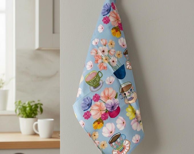 Hand-Illustrated Cotton Linen Tea Towel: Tea and Blooms Pattern