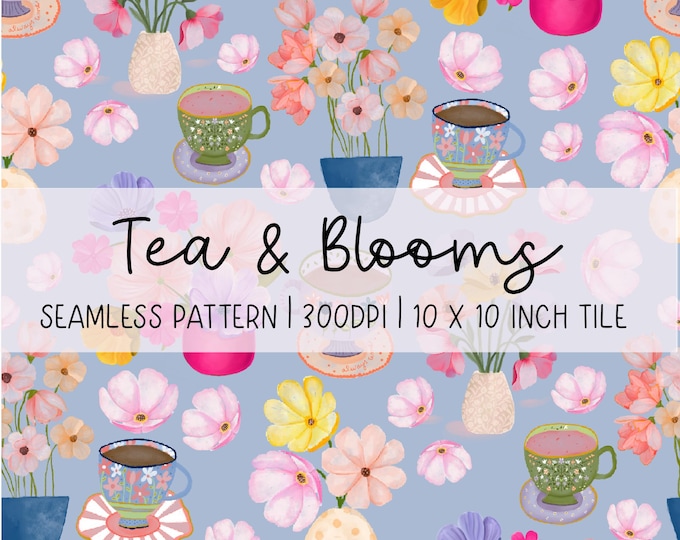 Seamless Illustrated Pattern: Tea and Blooms, Digital Paper, Instant Download, 300dpi, hand drawn paper