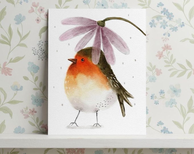 Art Print: Rainy Bird and Daisy Illustration, A5, Wall Decor