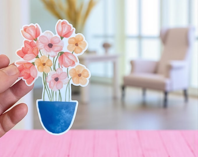 Hand-Illustrated Whimsical Flower Pot Vinyl Sticker: 3.3 x 5 Inches, Thick & Durable
