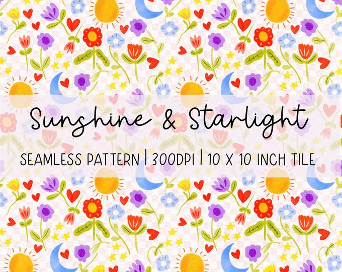 Hand-Drawn Sunshine and Starlight Seamless Pattern: Colourful Digital Paper (300dpi)