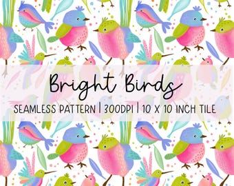 Hand-Drawn Bright Birds Seamless Pattern: Colourful Nature Digital Paper (300dpi)