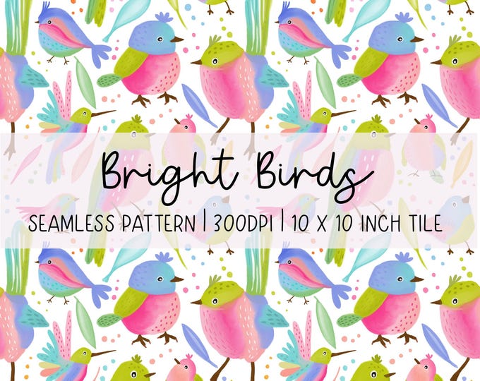 Hand-Drawn Bright Birds Seamless Pattern: Colourful Nature Digital Paper (300dpi)