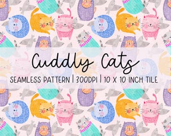 Hand-Drawn Cuddly Cats Seamless Pattern: Colourful Digital Paper (300dpi)