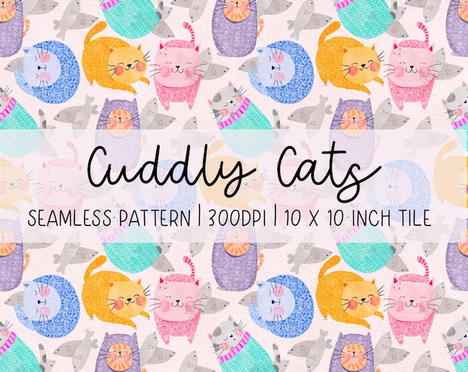 Hand-Drawn Cuddly Cats Seamless Pattern: Colourful Digital Paper (300dpi)