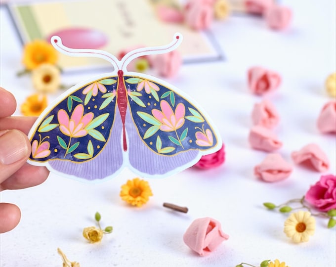 Hand-Illustrated Navy Moth Vinyl Sticker: Pink Flowers, Symmetrical Design, 4.1 x 3 Inches