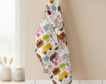 Hand-Illustrated Cotton Linen Tea Towel: My Neighbourhood Pattern