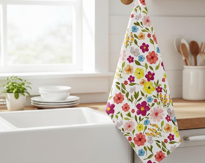 Hand-Illustrated Cotton Linen Tea Towel: Sweet Blooms Pattern