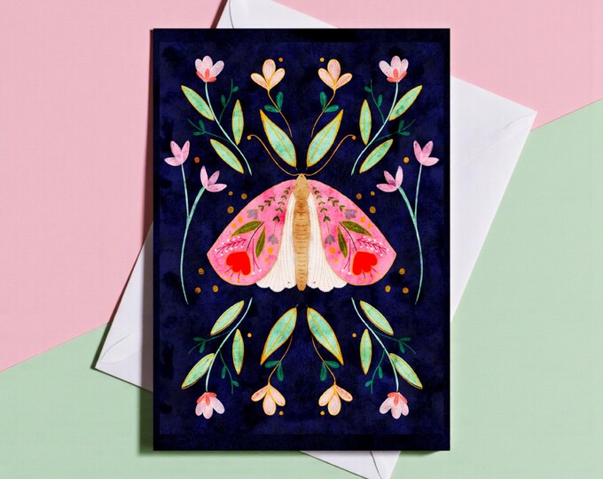 Navy Floral Moth Card: Watercolor Thank You, Birthday