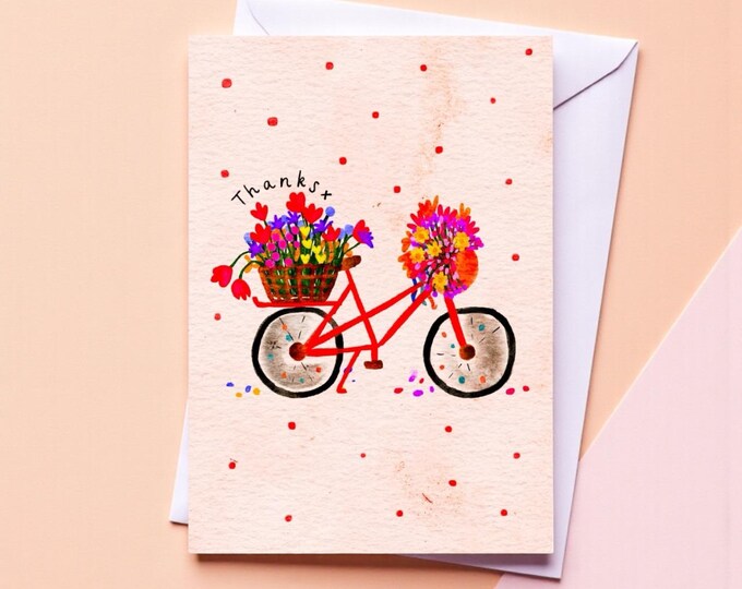 Floral Bicycle Thank You Card: Watercolor Illustration