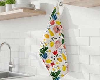 Hand-Illustrated Cotton Linen Tea Towel: Cosy Things Pattern