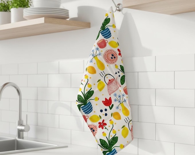 Hand-Illustrated Cotton Linen Tea Towel: Cosy Things Pattern