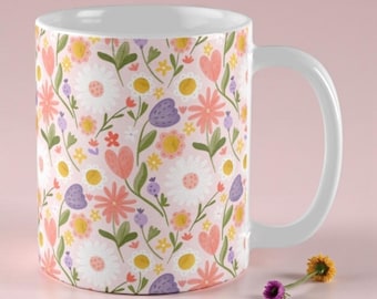 Flower Bomb Ceramic Coffee Mug – Illustrated Floral Mug, 350ml Glossy Cup, Dishwasher & Microwave Safe
