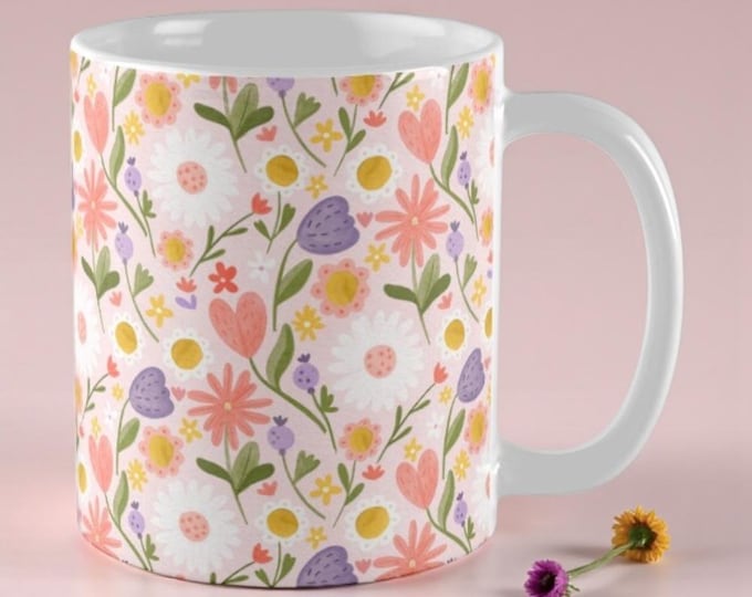 Flower Bomb Ceramic Coffee Mug – Illustrated Floral Mug, 350ml Glossy Cup, Dishwasher & Microwave Safe