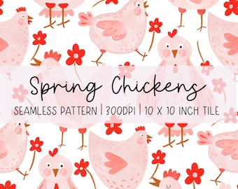 Hand-Drawn Spring Chickens Seamless Pattern: Pink Chickens Digital Paper (300dpi)