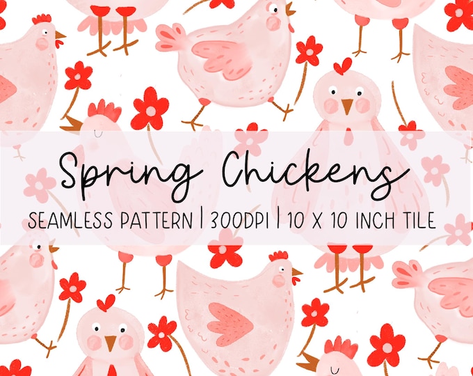 Hand-Drawn Spring Chickens Seamless Pattern: Pink Chickens Digital Paper (300dpi)