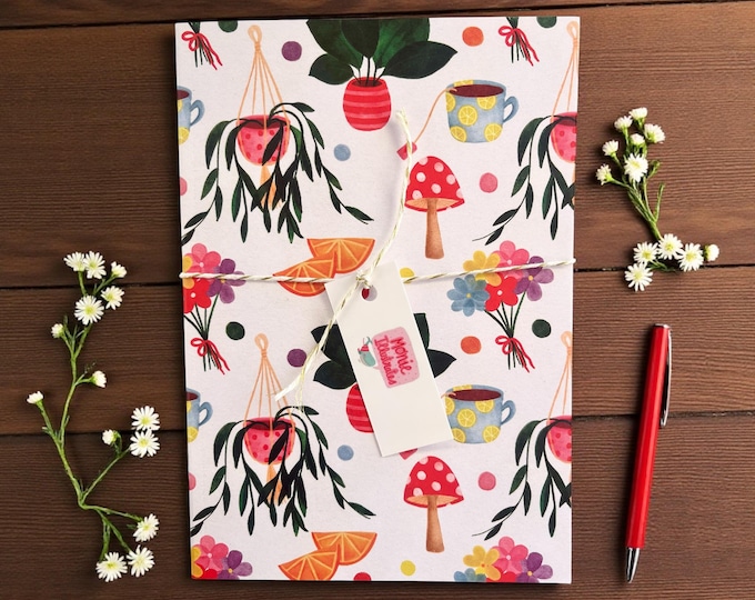 Handmade A5 Blank Notebook / Journal – “Celebrate the Everyday” Floral & Mushroom Pattern