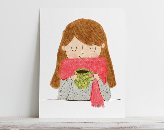 Art Print: Cosy Coffee Drinker Illustration, A5, Wall Decor