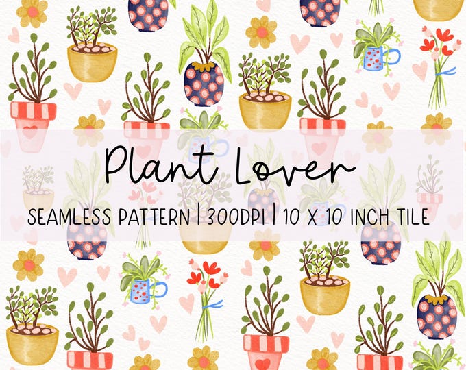 Featured listing image: Hand-Drawn Plant Lover Seamless Pattern: Colourful Digital Paper (300dpi)