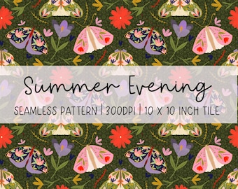 Hand-Drawn Summer Evening Seamless Pattern: Colourful Moth Digital Paper (300dpi)