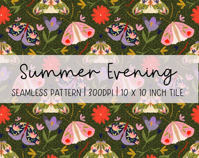 Hand-Drawn Summer Evening Seamless Pattern: Colourful Moth Digital Paper (300dpi)