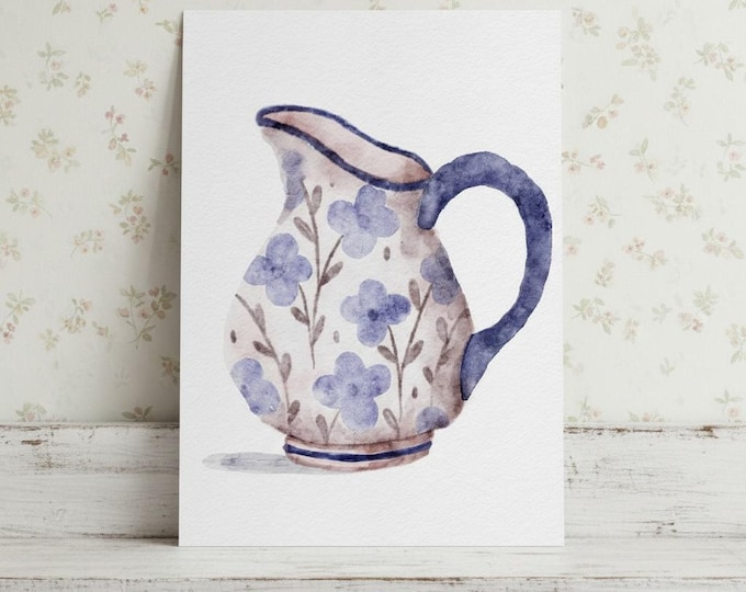 Art Print: Blue Floral Jug Illustration, A5, Wall Decor