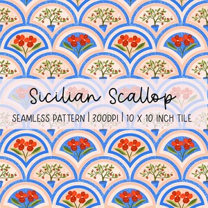 May include: A repeating pattern with blue and peach scallop shapes, each containing a potted tree or red flowers. The text "Sicilian Scallop" is displayed, along with "10 x 10 inch tile" (25.4 x 25.4 cm).