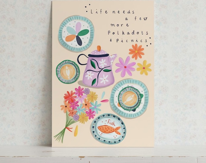 Art Print: Life Needs a Few More Polkadots and Picnics, A5, Wall Decor
