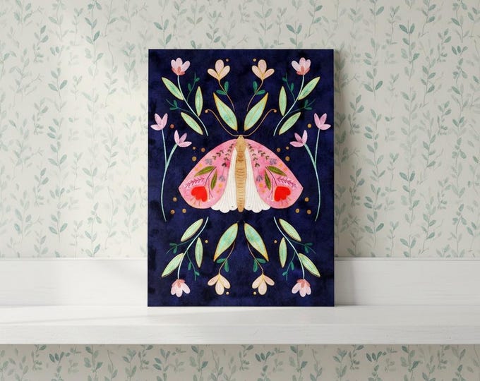 Art Print: Floral Moth with a Navy Background Illustration, A5, Wall Decor