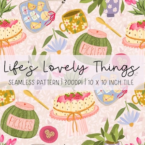 May include: A whimsical seamless pattern featuring illustrations of pickles, cakes, floral mugs, and cheese. The design includes the text "Life's Lovely Things" and is a 10 x 10 inch tile.