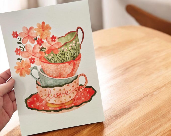 A4 Artist Print: Stacked Teacups and Blooms