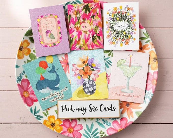 Featured listing image: Pick any Six Hand-Drawn Greeting Cards: A6, Envelopes included