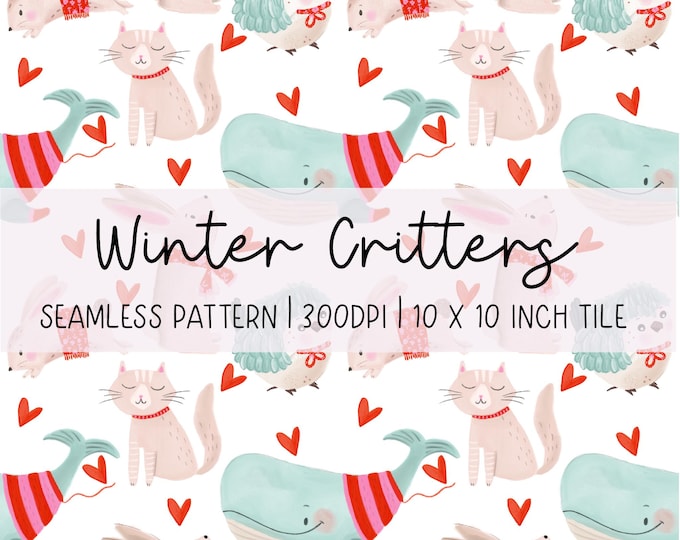 Hand-Drawn Winter Critters Seamless Pattern: Colourful Animals Digital Paper (300dpi)