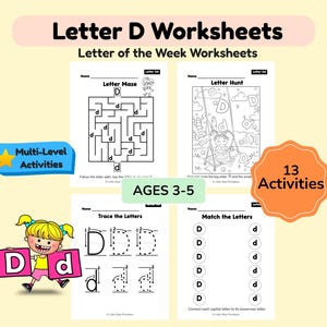 Letter of the Week D Worksheets for Preschool Curriculum | Alphabet Activities | ABC Coloring Book | Uppercase Lowercase | Printable