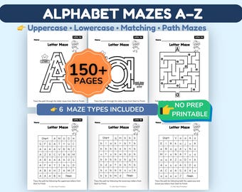 Alphabet Maze Worksheets A-Z Printable | Preschool Alphabet Activities | Uppercase Lowercase Recognition and Practice Pack