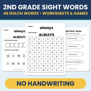 Palavras de uso frequente para o 2º ano do Ensino Fundamental (para imprimir), 46 folhas de exercícios e jogos com as palavras de uso frequente de Dolch, sem necessidade de escrever à mão, com cartões de memorização e bingo.