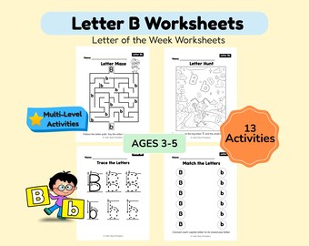 Letter of the Week B Worksheets for Preschool Curriculum, Alphabet Activities, ABC Coloring Book, Uppercase Lowercase,Printable