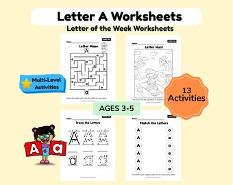 Letter of the Week A Worksheets for Preschool Curriculum, Alphabet Activities, ABC Coloring Book, Uppercase Lowercase, Printable