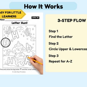 May include: A black and white Letter Hunt worksheet for little learners. The worksheet features the letter "H" with a cartoon lamb and butterflies. The text "Find and circle the big letter H and the small letter h" is at the bottom. The worksheet is part of a 3-step flow.