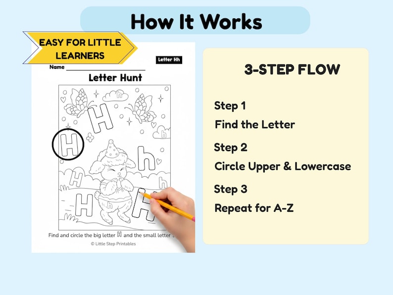 May include: A black and white Letter Hunt worksheet for little learners. The worksheet features the letter "H" with a cartoon lamb and butterflies. The text "Find and circle the big letter H and the small letter h" is at the bottom. The worksheet is part of a 3-step flow.