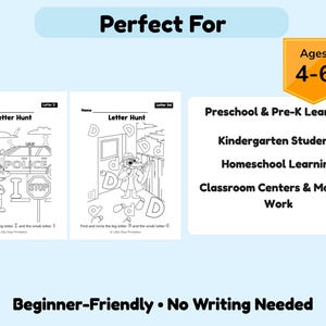 May include: Two black and white "Letter Hunt" activity sheets for ages 4-6, featuring illustrations of a police car and a detective. The sheets are designed for preschool and kindergarten learners, with the text "Beginner-Friendly &bull; No Writing Needed."