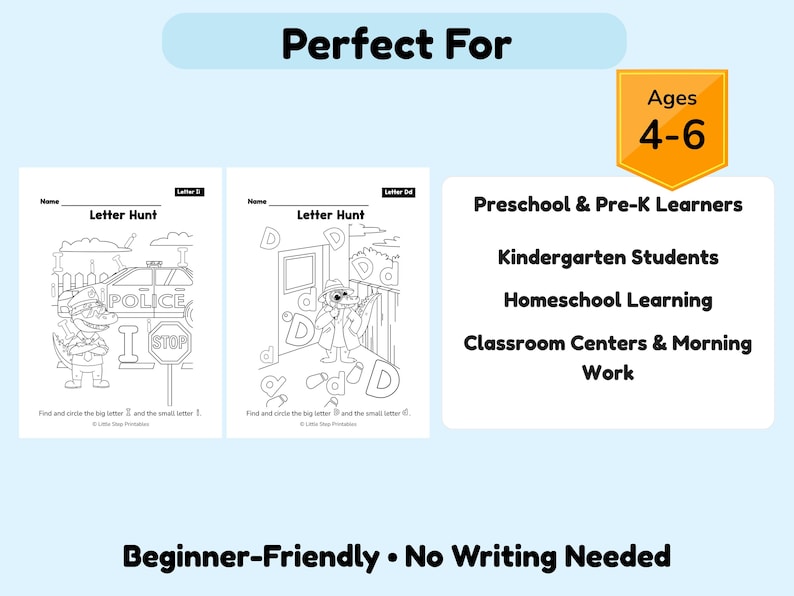 May include: Two black and white "Letter Hunt" activity sheets for ages 4-6, featuring illustrations of a police car and a detective. The sheets are designed for preschool and kindergarten learners, with the text "Beginner-Friendly &bull; No Writing Needed."