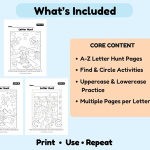 May include: Educational printable activity sheets for kids. The image shows three black and white "Letter Hunt" pages with illustrations and the letters A, B, and C. The text "What's Included" and "CORE CONTENT" are also visible.