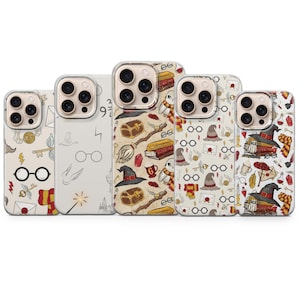 May include: Five phone cases with various designs. The cases feature repeating patterns of glasses, keys, hats, and other magical themed elements. The cases are in shades of white, beige, and brown.