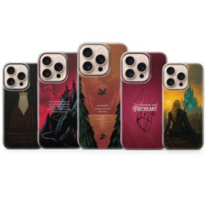 May include: Five phone cases with fantasy art. The cases display illustrations of a king, a castle, a landscape, a heart, and a woman with a sword. Each case has a unique quote, with a dark colour scheme.