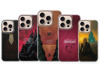 May include: A collection of five phone cases with fantasy-themed designs. The cases feature illustrations of a king, a castle, a landscape with trees, a heart, and a woman with a sword. Each case has a unique quote.