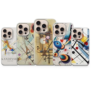 May include: Five phone cases with abstract art designs in various colors. The cases feature artwork by Kandinsky, with geometric shapes, lines, and color blocks. The text "KANDINSKY" is visible on one case.
