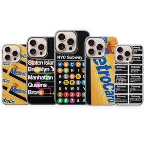 May include: A collection of five phone cases featuring New York City subway-themed designs. The cases display the MetroCard, subway maps, and the NYC Subway logo. The cases are in various colors, including yellow, black, and white.